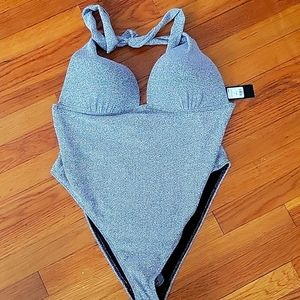 Brand new with tags Fashion Nova sparkling silver bathing suit
